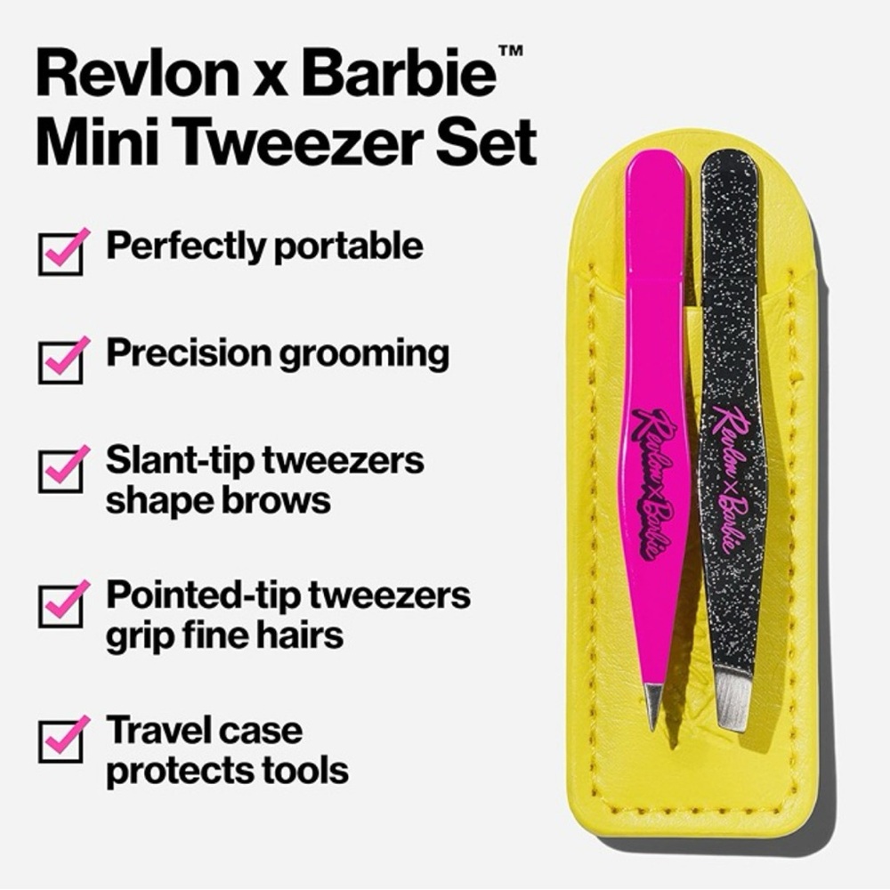 New Revlon X Barbie Slant and Point Tweezer Set Travel Pouch Pink Beauty Tools - Picture 2 of 6
